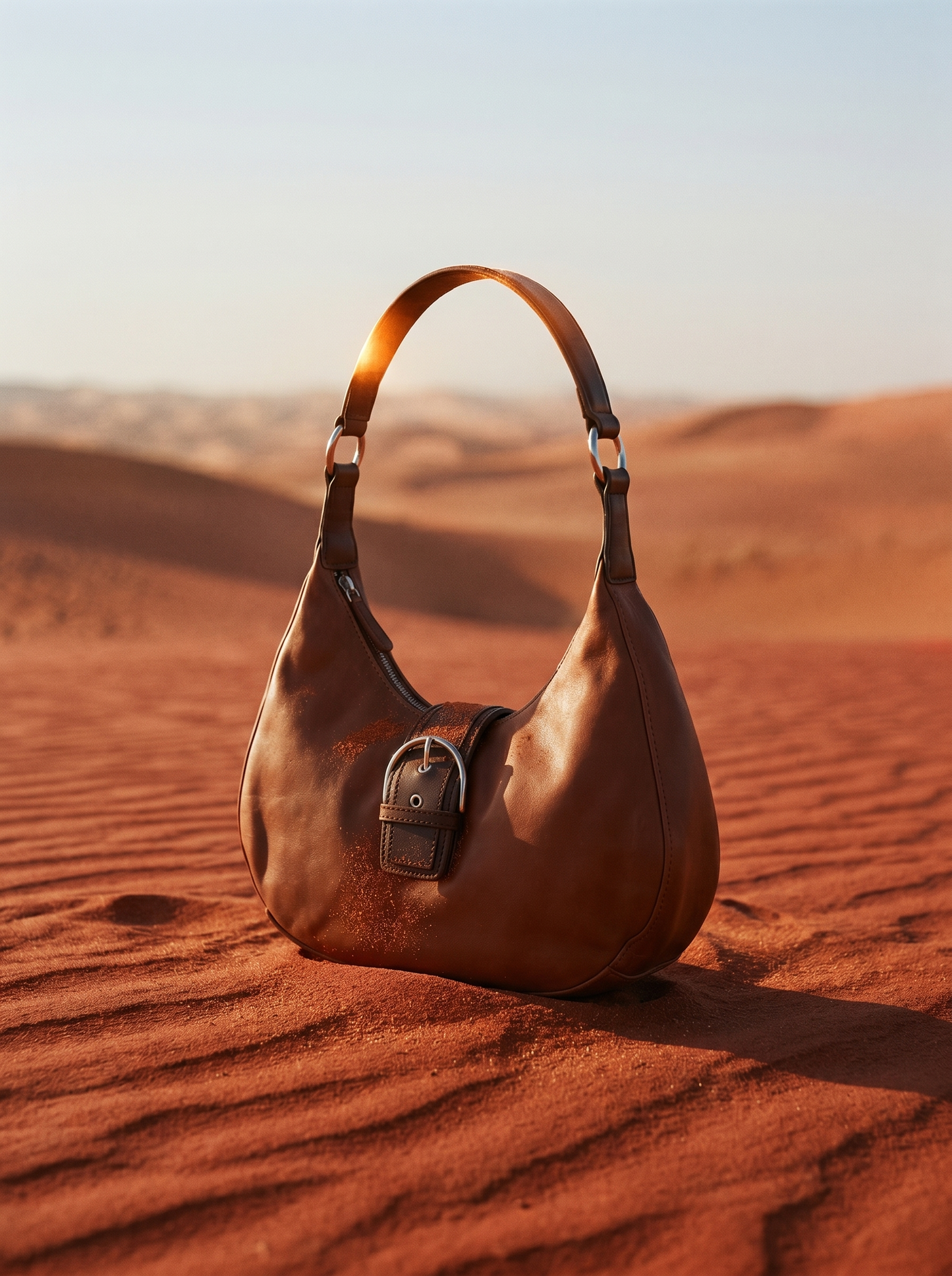 Tanami Moon tan leather hobo bag with brass buckle, styled on a red sand dune