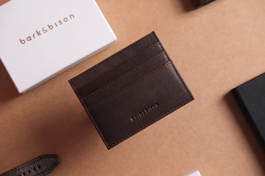 cardholder front view with multiple slots and white box labelled bark&bison