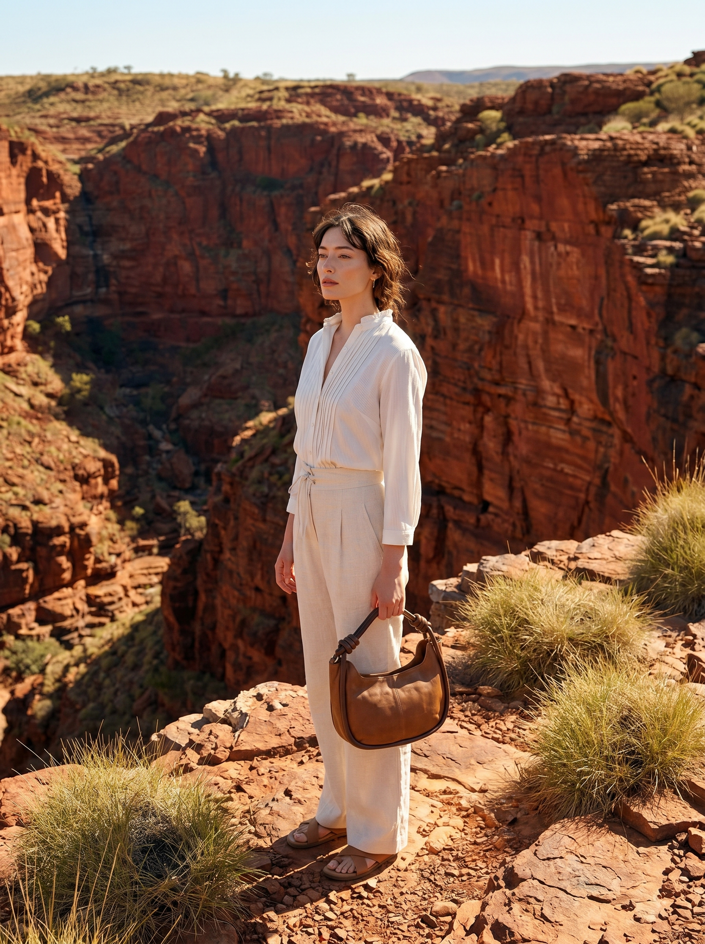 Model standing at the edge of a red rock gorge holding the Pilbara Crescent tan leather hobo bag