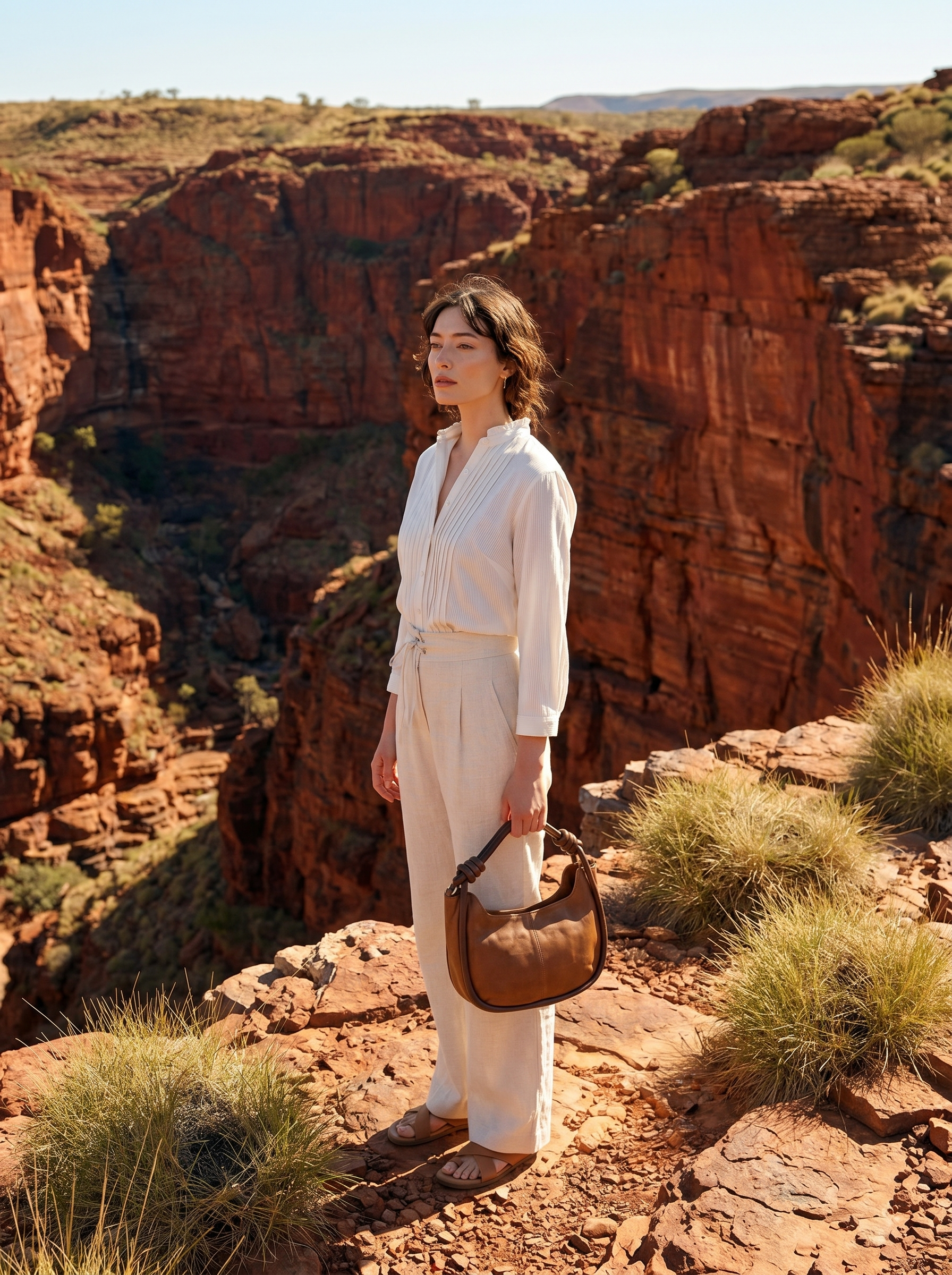 Model standing at the edge of a red rock gorge holding the Pilbara Crescent tan leather hobo bag