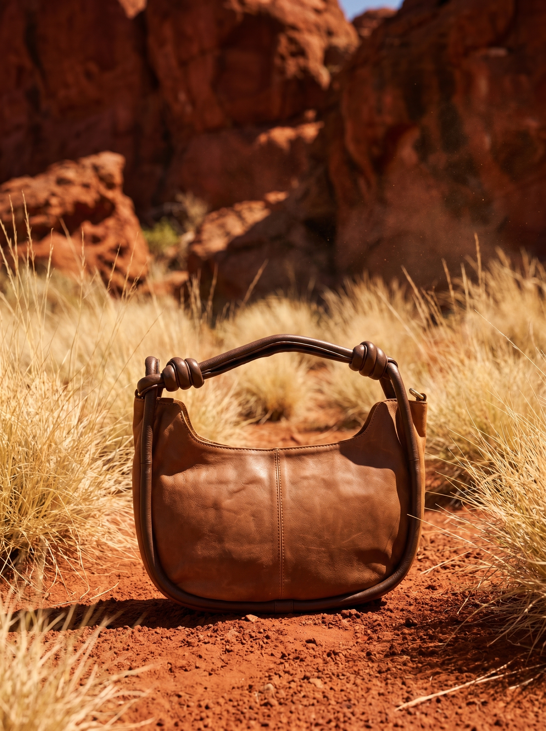 Pilbara Crescent tan leather hobo bag resting on red rocks with spinifex grass