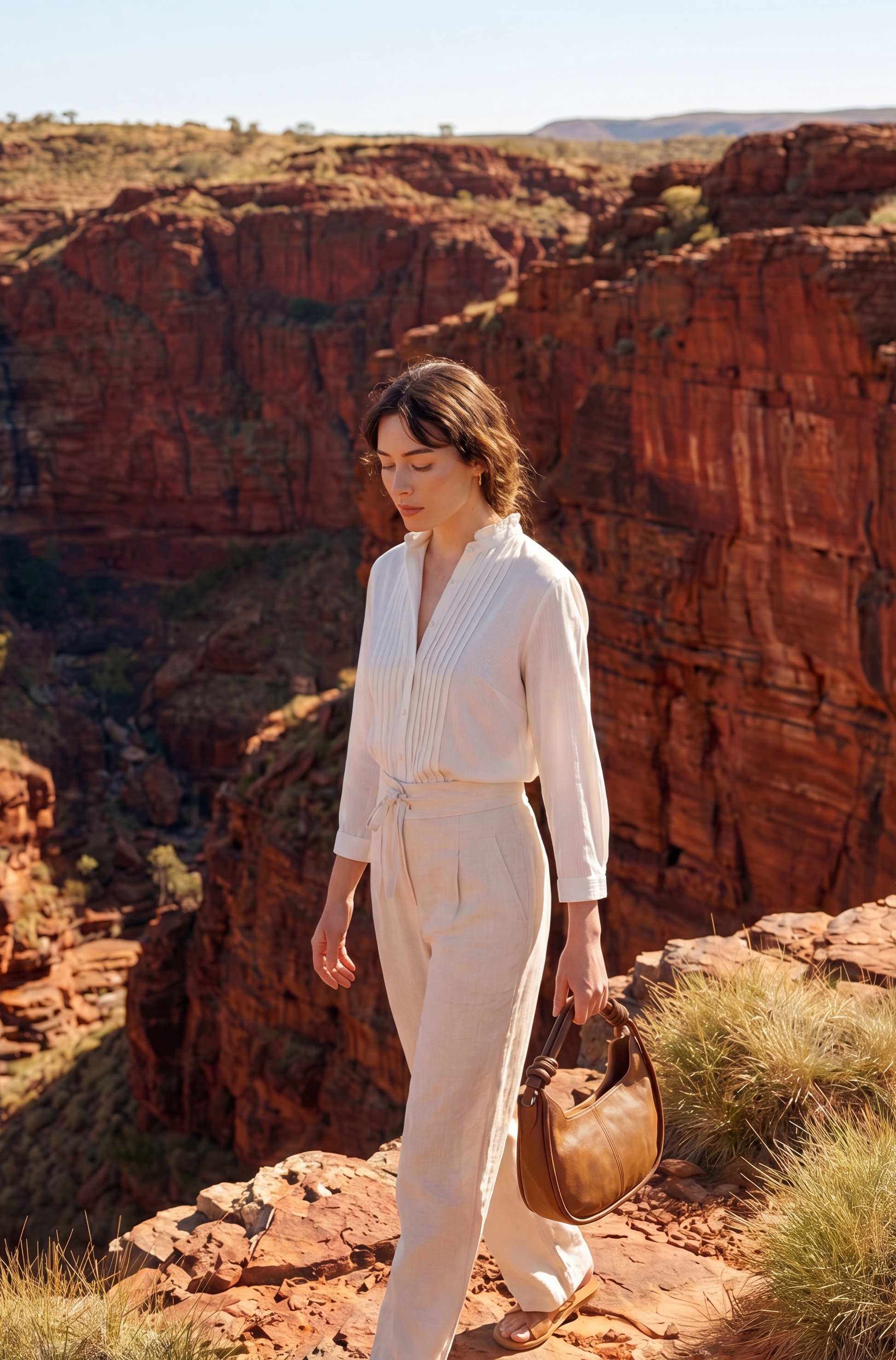 Model walking along a rocky outback path holding the Pilbara Crescent tan leather bag