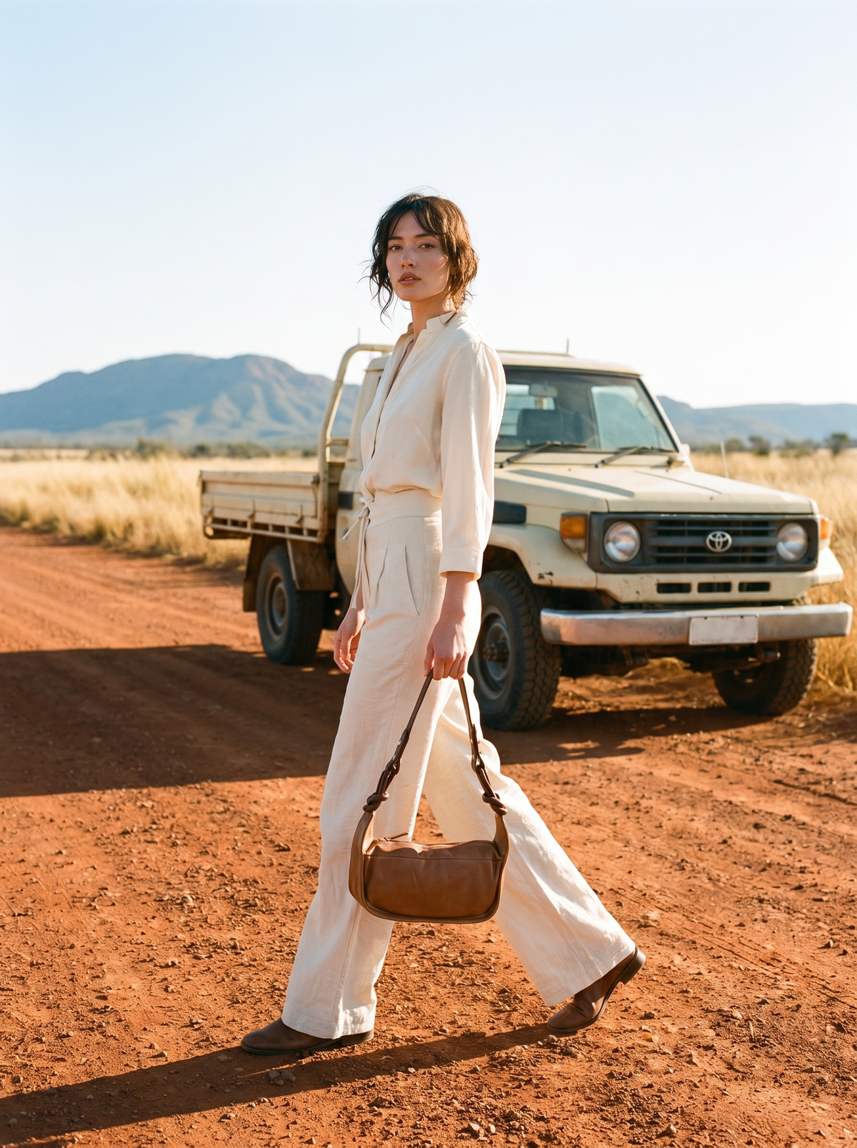 Model walking on a red dirt road wearing the Pilbara Knot bag over her shoulder