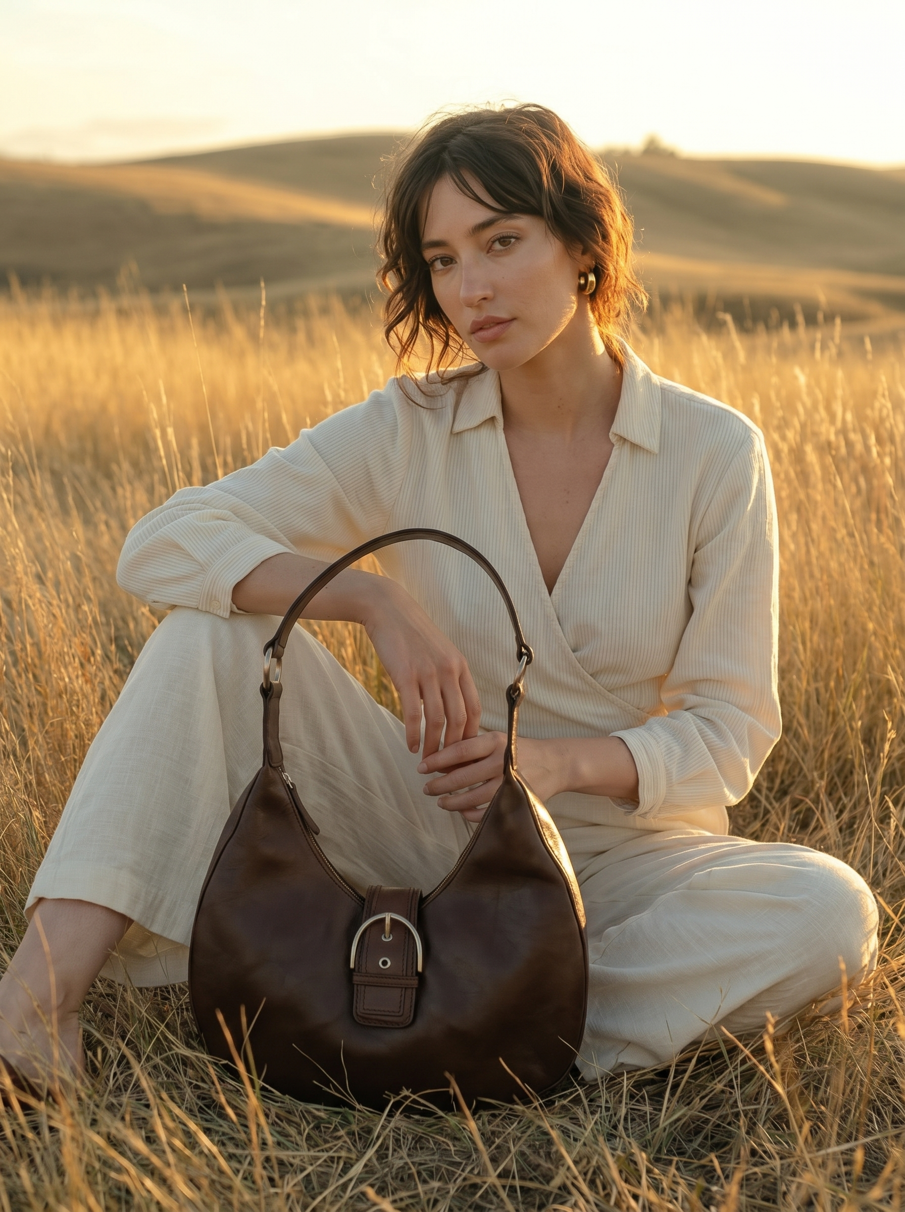 Model sitting in a field with the Tanami Moon chocolate leather bag resting beside her