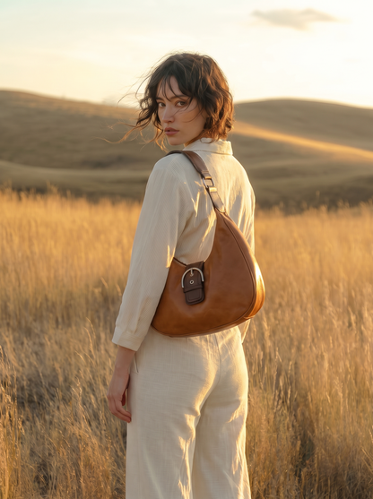 Model walking through a golden field wearing the Tanami Moon hobo bag in tan leather